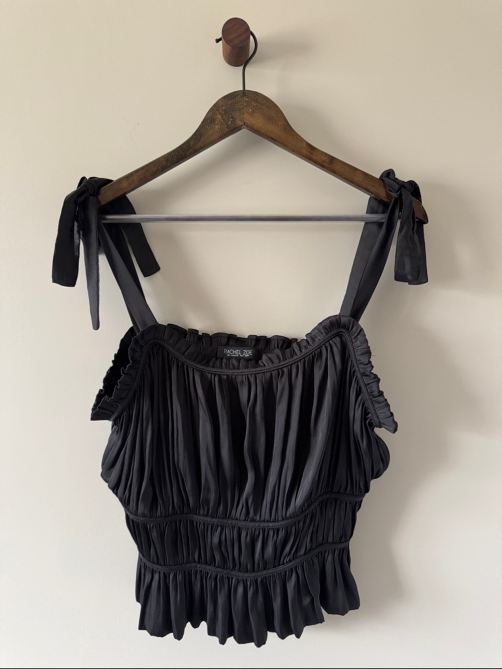 RACHEL ZOE SILKY SMOCKED CROP TIE UP TANK BLACK SIZE LARGE